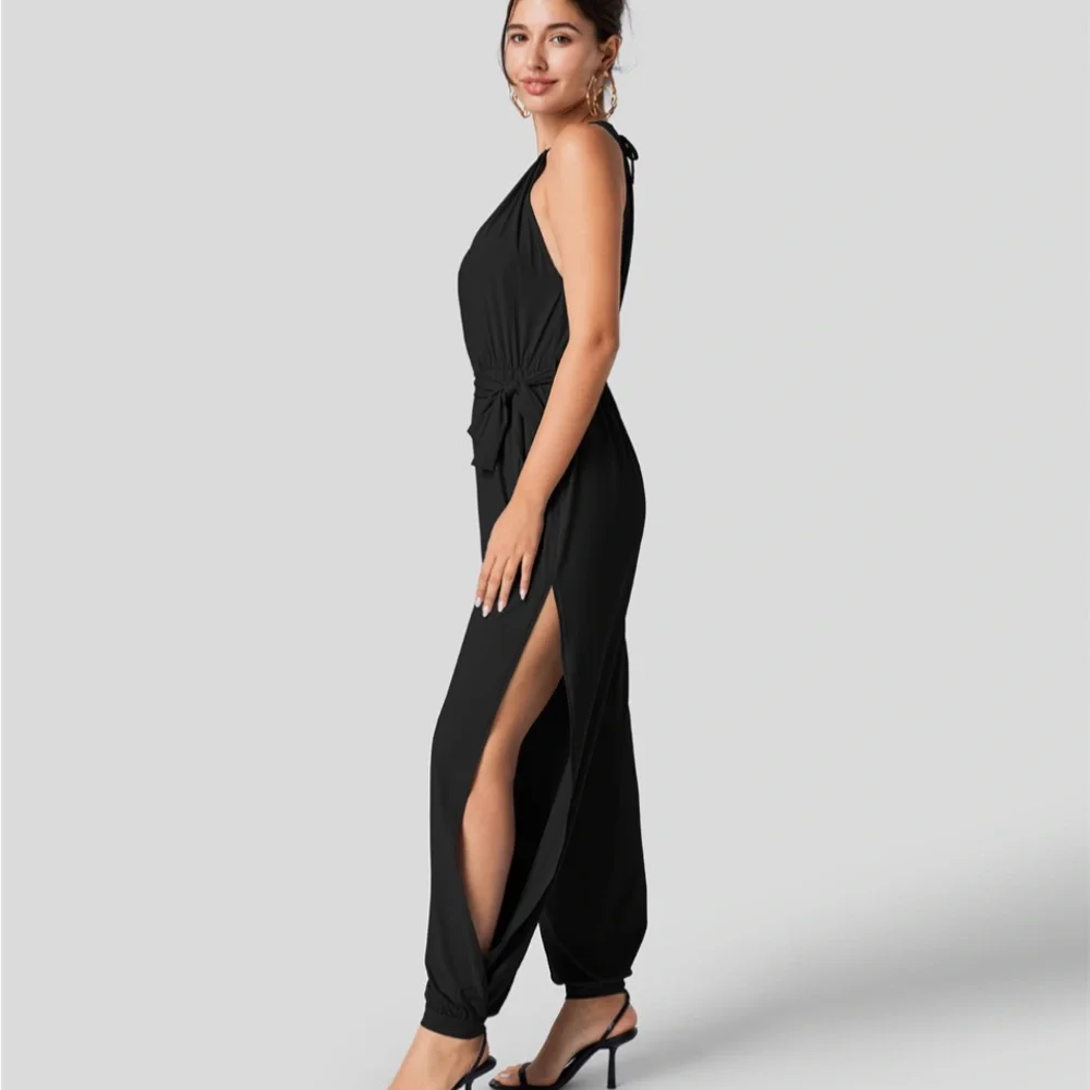 Sleeveless Tie Back Plicated Belted Side Pocket Cool Touch Jumpsuit-UPF50+ - Picture 6 of 8